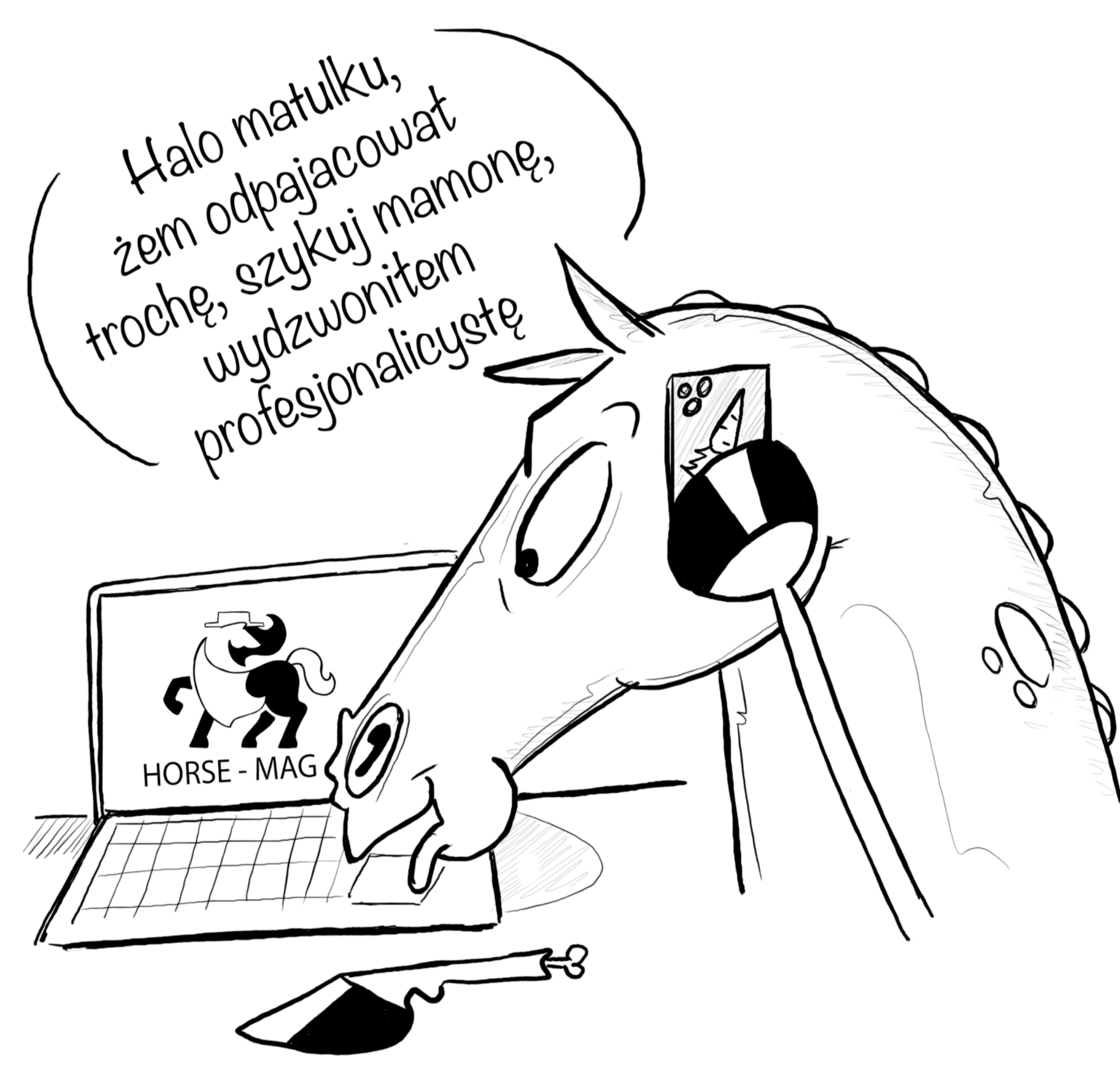 Koń dzwoniący po profesjonalistę z Horse-Mag – ilustracja humorystyczna