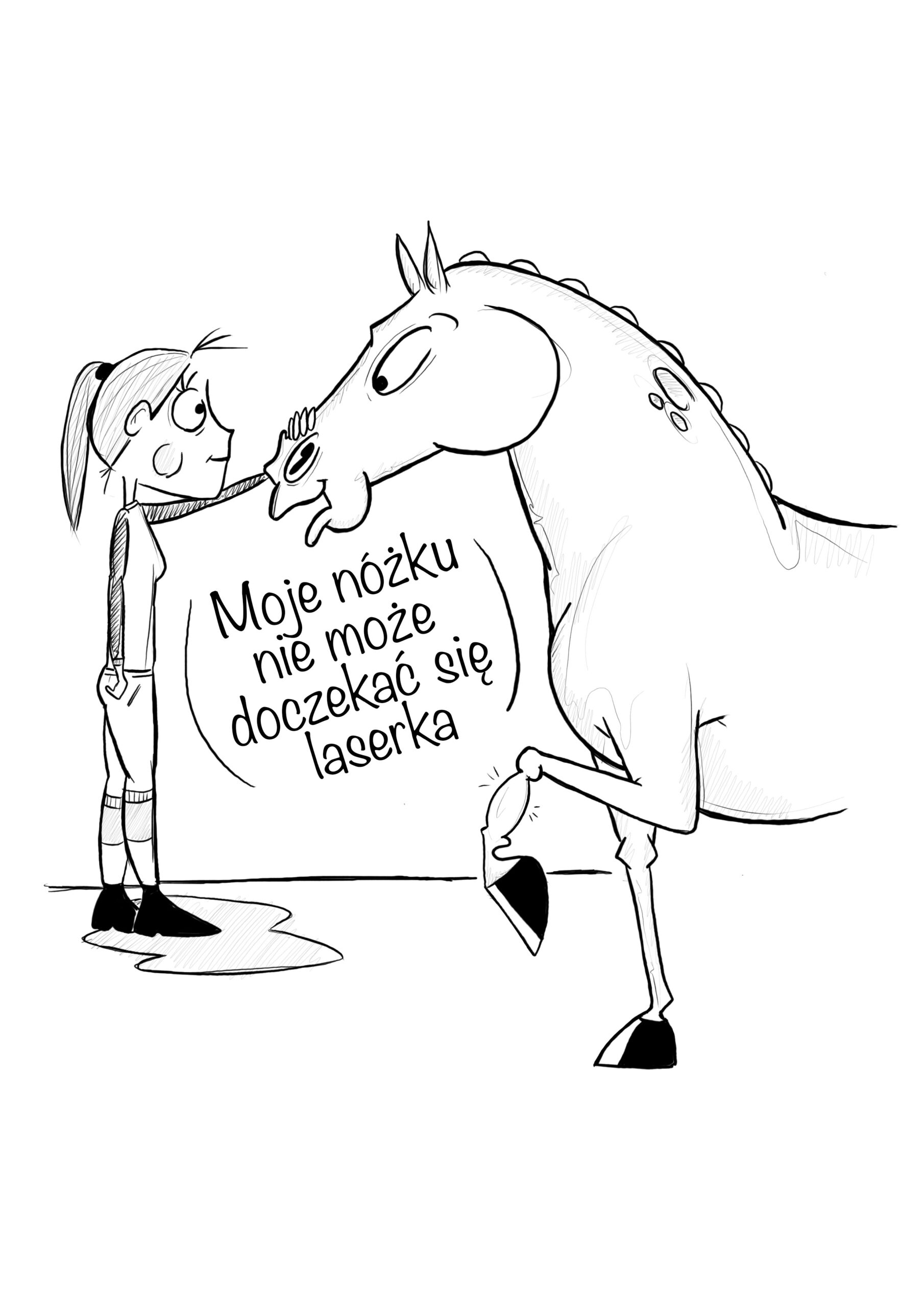 Koń czekający na laseroterapię – humorystyczna ilustracja o terapii światłem