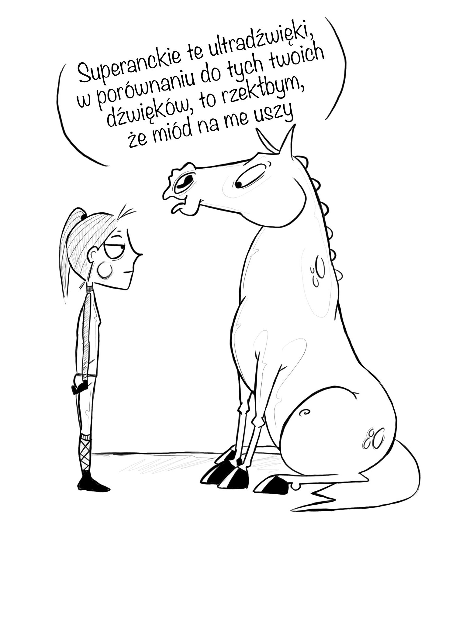 Koń chwalący terapię ultradźwiękami – ilustracja humorystyczna