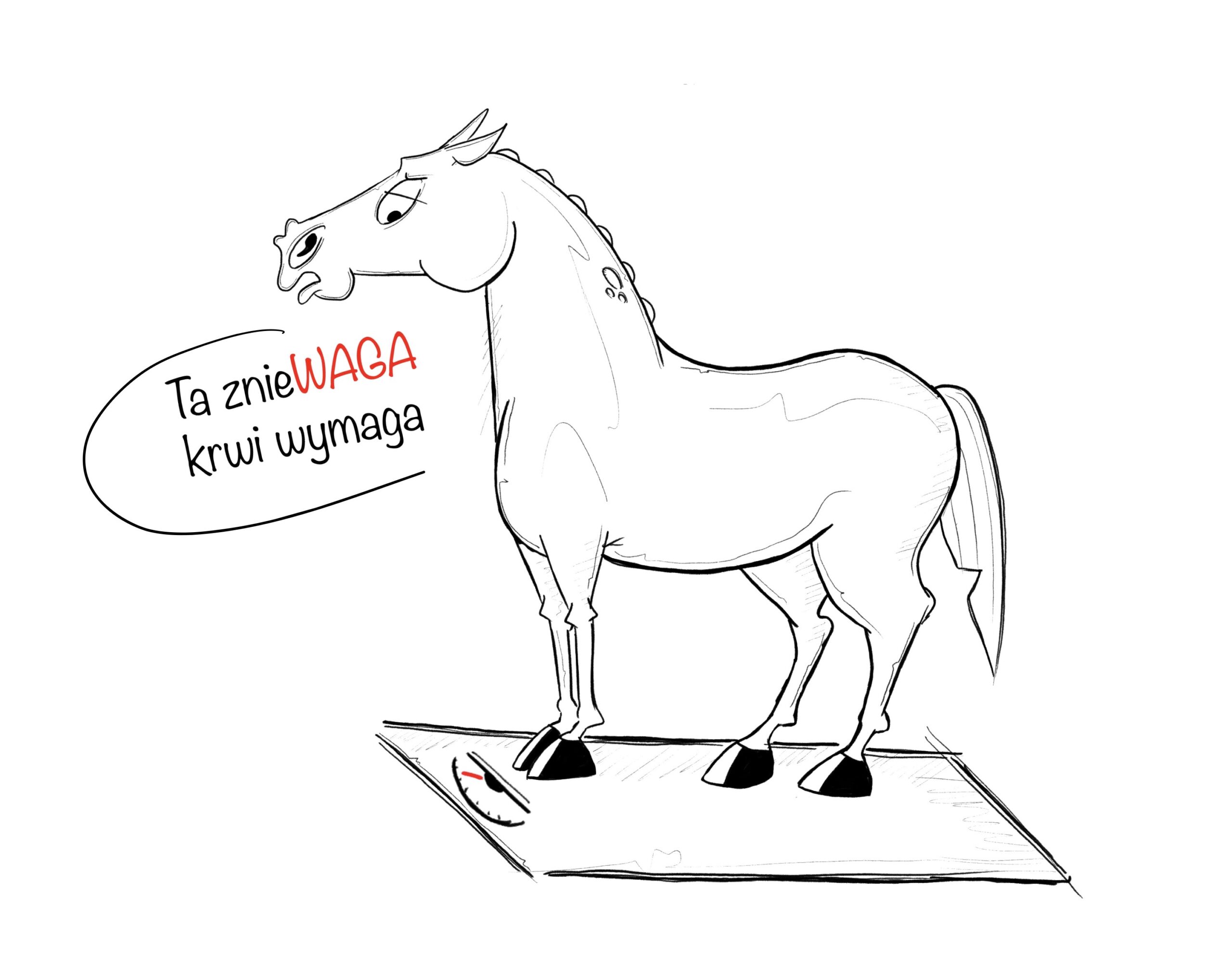 Ilustracja ważenia konia na platformie wagi weterynaryjnej