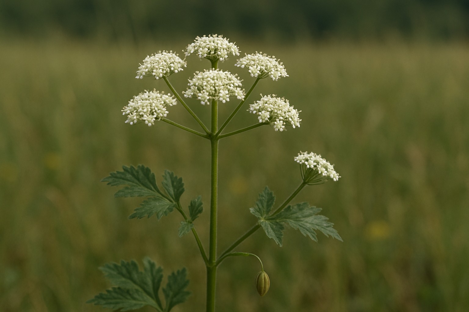 Zbliżenie na roślinę anyżu zwyczajnego (Pimpinella anisum) kwitnącą na polu