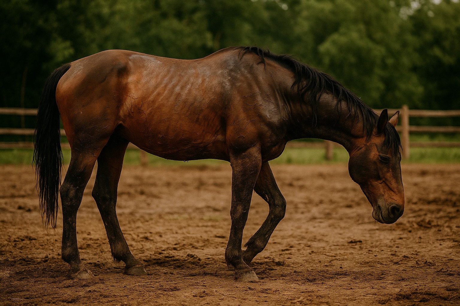 Zmęczony koń po intensywnym treningu – możliwa przyczyna zaburzeń metabolicznych i ryzyko wystąpienia mięśniochwatu.