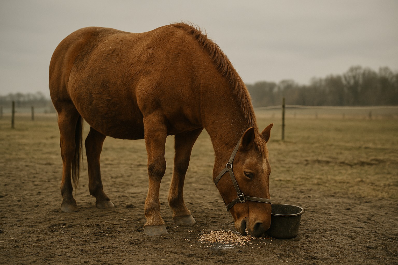 koń z wyraźną nadwagą jedzący wysokokaloryczny owies