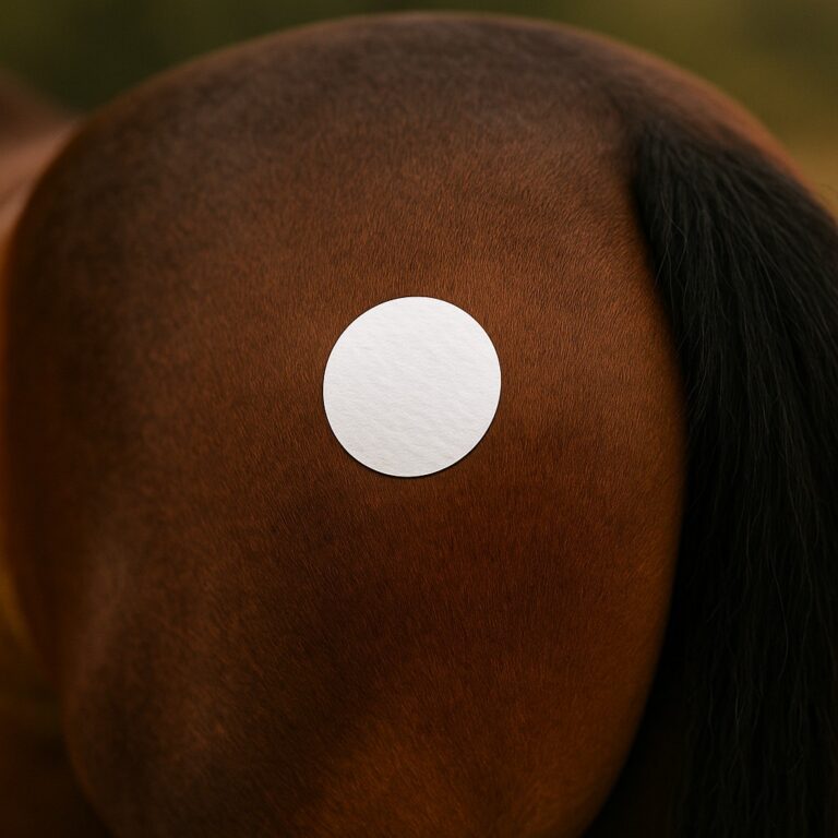 okrągły plaster "leczniczy" przyklejony na zad konia