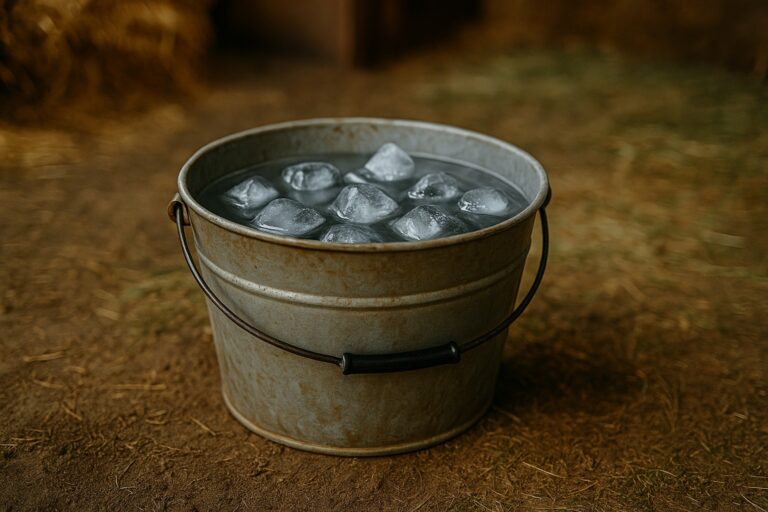 Wiadro z wodą i lodem do chłodzenia nóg konia – element terapii termicznej w fizjoterapii weterynaryjnej.