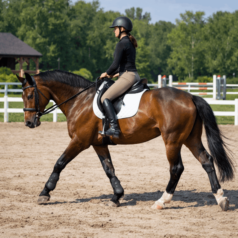 Aktywny stęp konia podczas rozgrzewki na dużym placu treningowym
