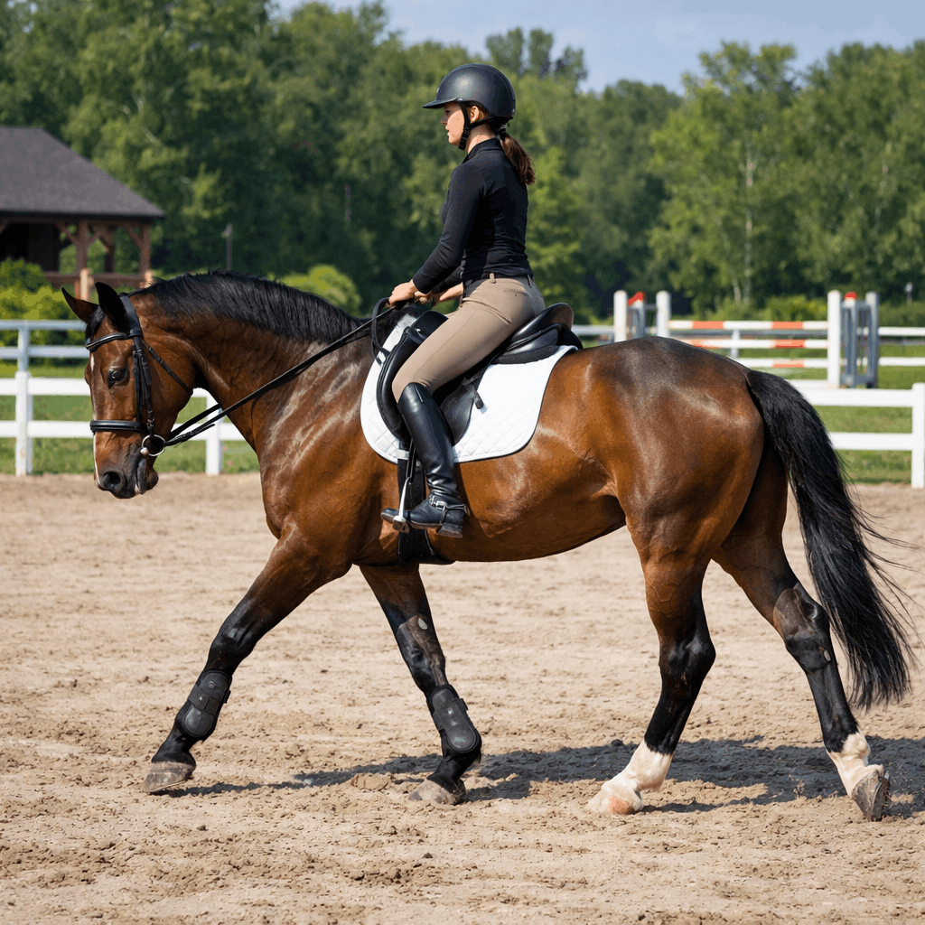 Aktywny stęp konia podczas rozgrzewki na dużym placu treningowym