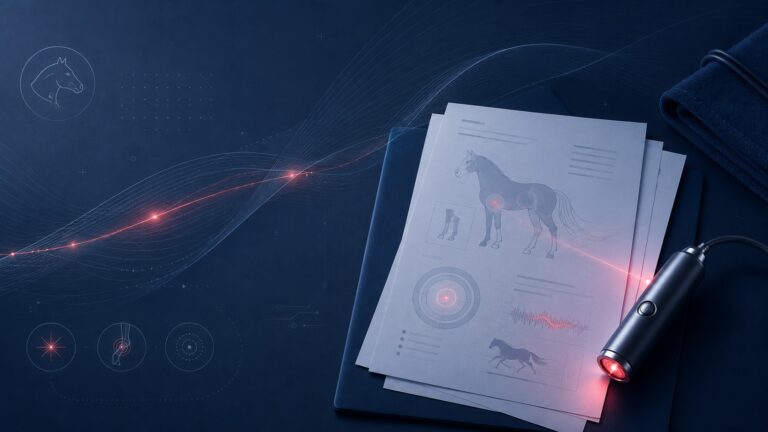 Aplikator laserowy LLLT na dokumentacji z rysunkiem konia i czerwonymi punktami terapii.