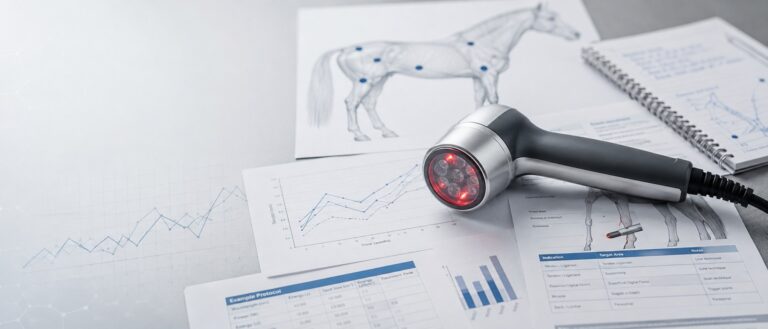 Aplikator laserowy LLLT na dokumentacji z rysunkiem konia i parametrami terapii.