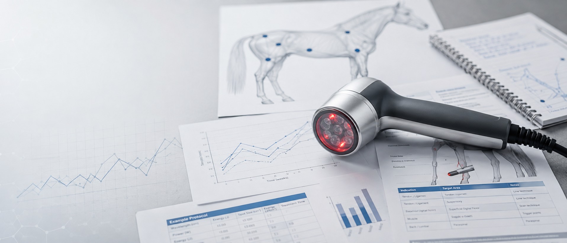 Aplikator laserowy LLLT na dokumentacji z rysunkiem konia i parametrami terapii.